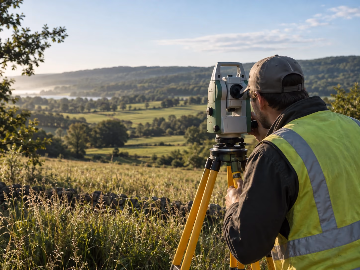 Illustrative fieldwork: a surveyor operates a total station overlooking open terrain.